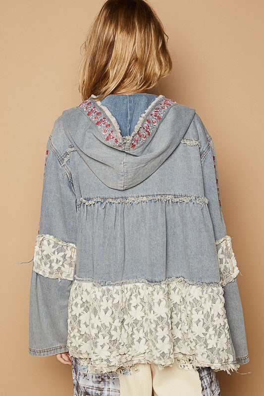 Embroidered Lace Patch Zip Up Hooded Jacket