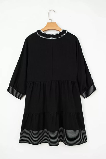 Striped Hem 3/4 Sleeve Tiered Dress