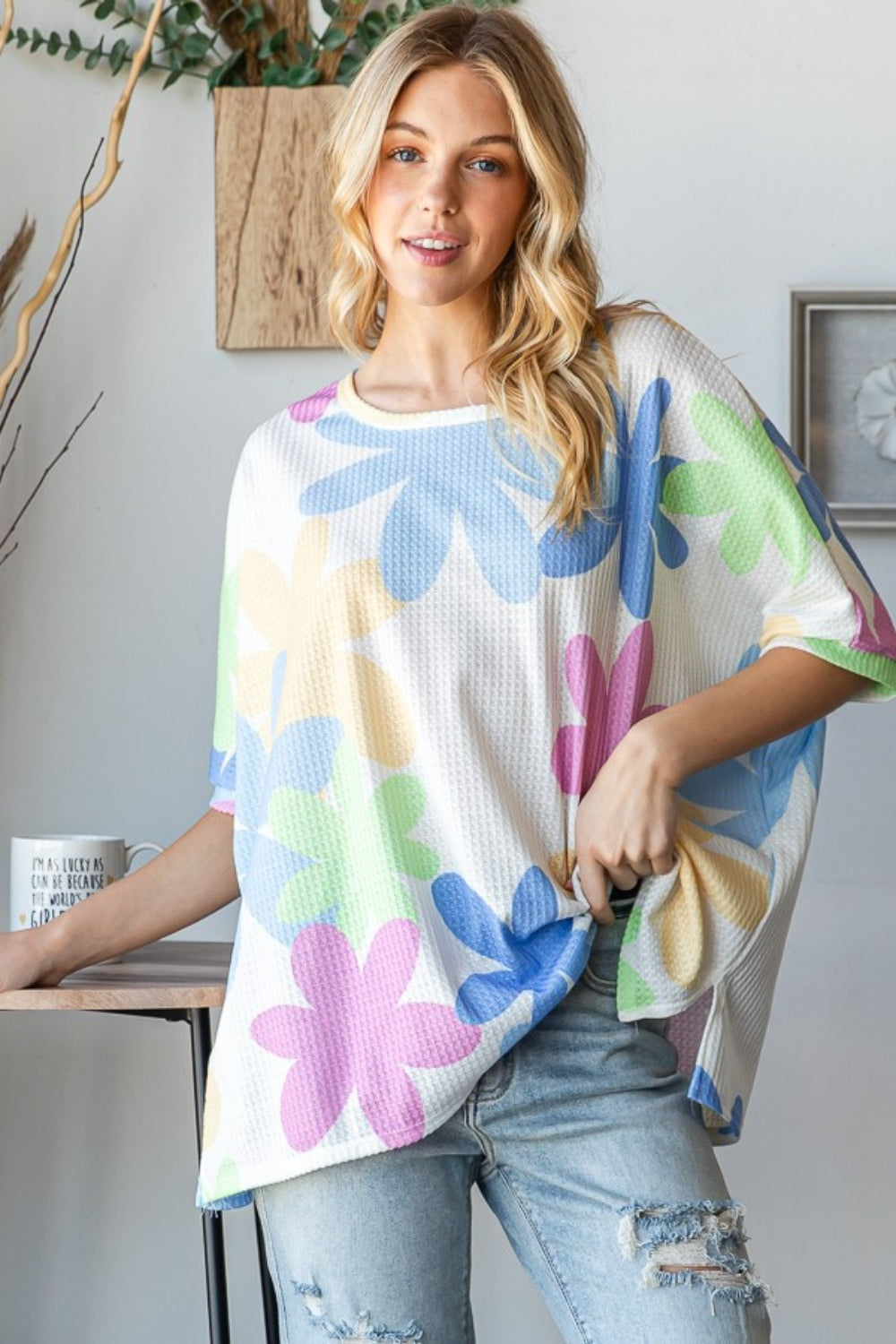 Floral Round Neck Waffle T-Shirt