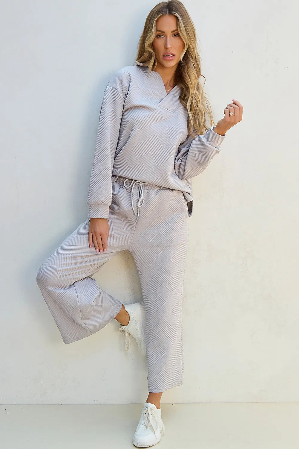 Textured Long Sleeve Top and Drawstring Pants Set