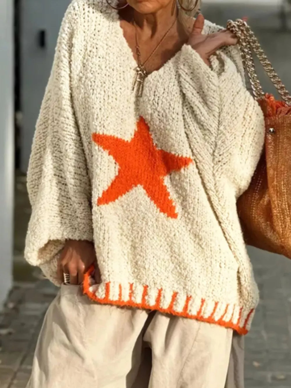 Star V-Neck Long Sleeve Sweater