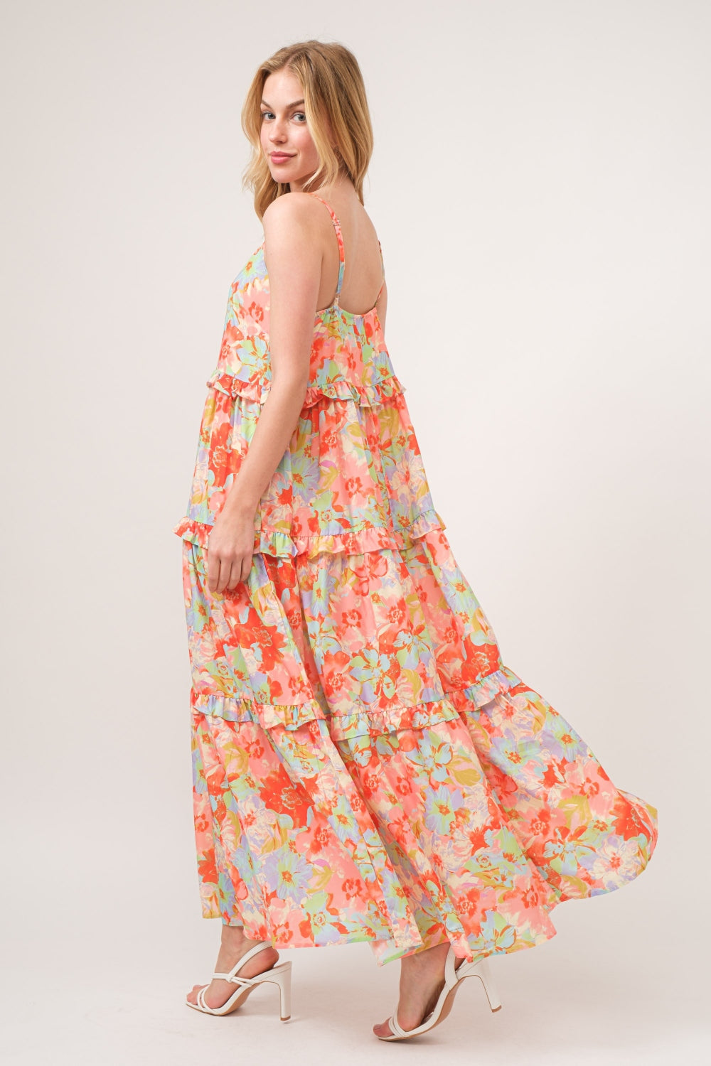And The Why Floral Ruffled Tiered Maxi Adjustable Strap Cami Dress