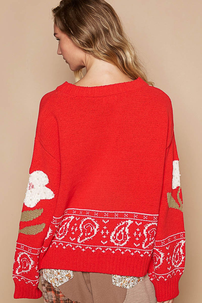 Flower Lace Patch Long Sleeve Sweater