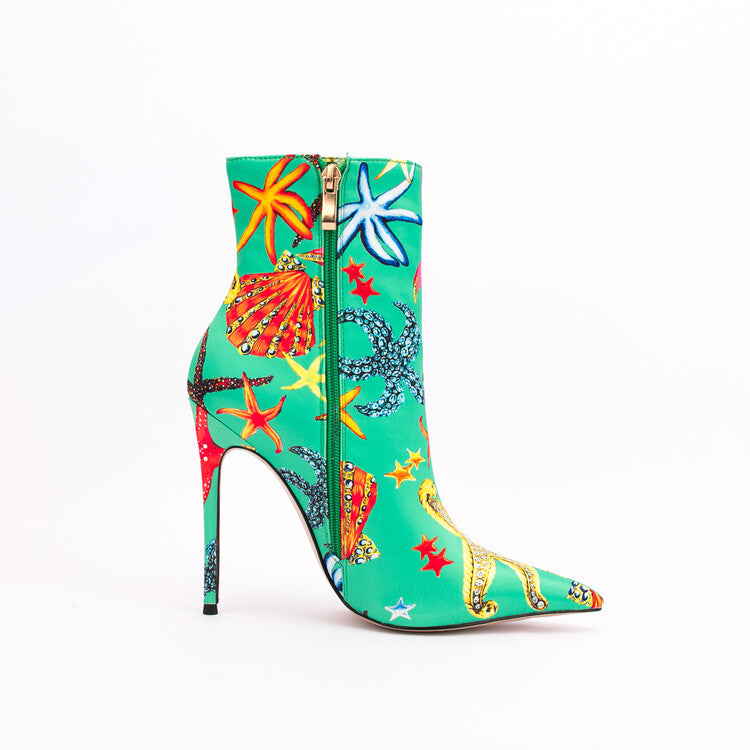 Ocean Dream Printed Pointed Toe Ankle Boots