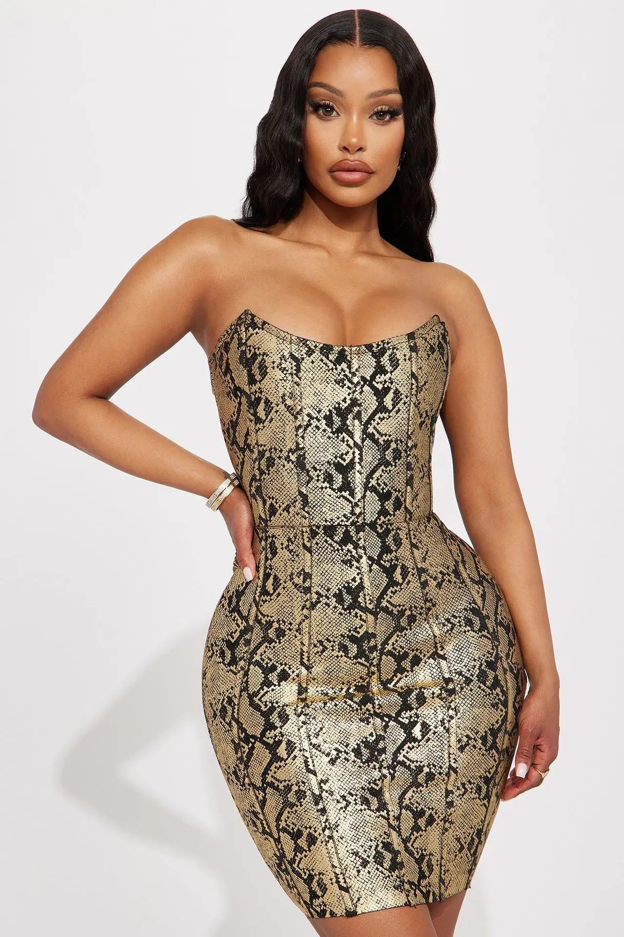 Snakeskin Print Strapless Bodycon Mini Dress