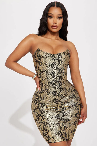 Snakeskin Print Strapless Bodycon Mini Dress