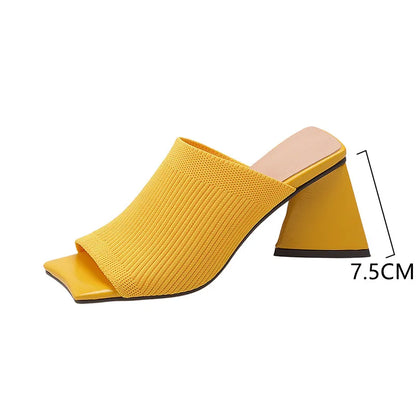 Knitted Fabric Square Toe High Heel Sandals