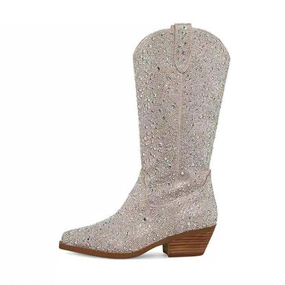 Rhinestone  Pointed Toe Mid-Calf Boots