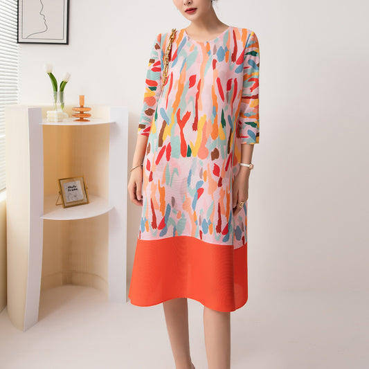 Miyake Pleated Abstract Print Round Neck Midi Dress