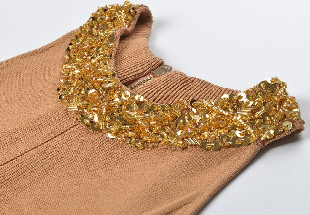 Sequin Beaded Collar Halter Neck Sweater Dress
