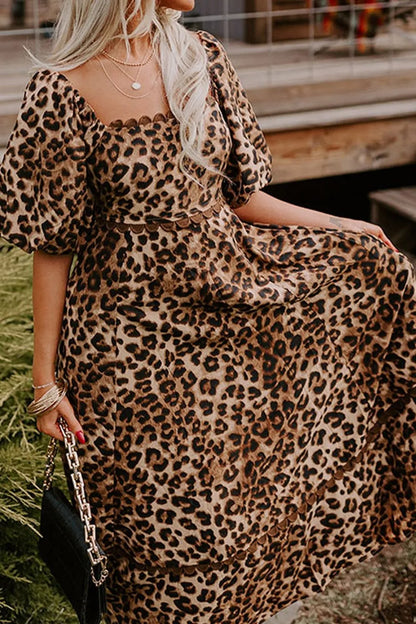 Leopard Square Neck Puff Sleeve Maxi Dress