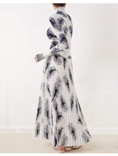 Miyake Pleated Striped T-Shirt and Long Skirt Set