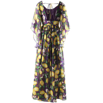 Bohemian Lemon Print Backless Maxi Dress