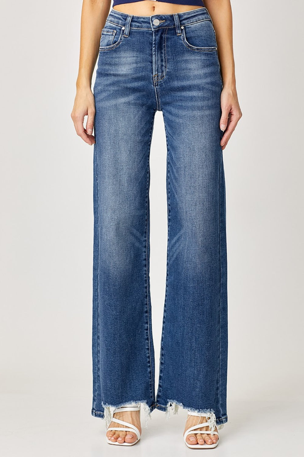 Risen High Rise Frayed Hem Wide Leg Jeans