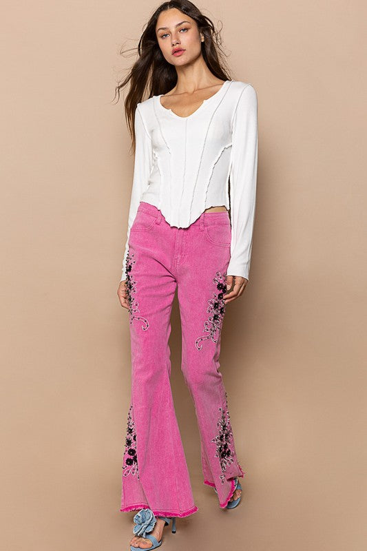 Raw Hem Embroidered Flare Pants