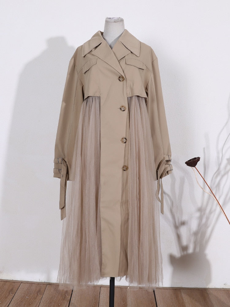 Mesh Patchwork Single-Breasted Trench Coat