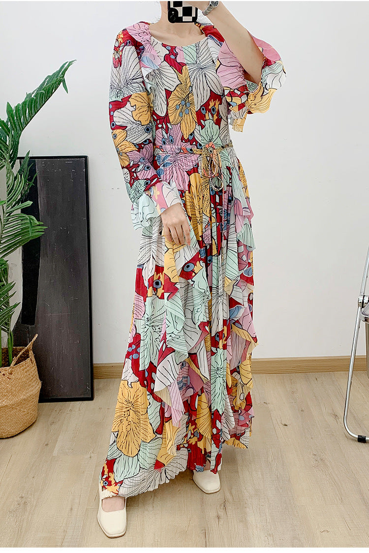Pleated Ruffled Bat Sleeve Maxi Dress