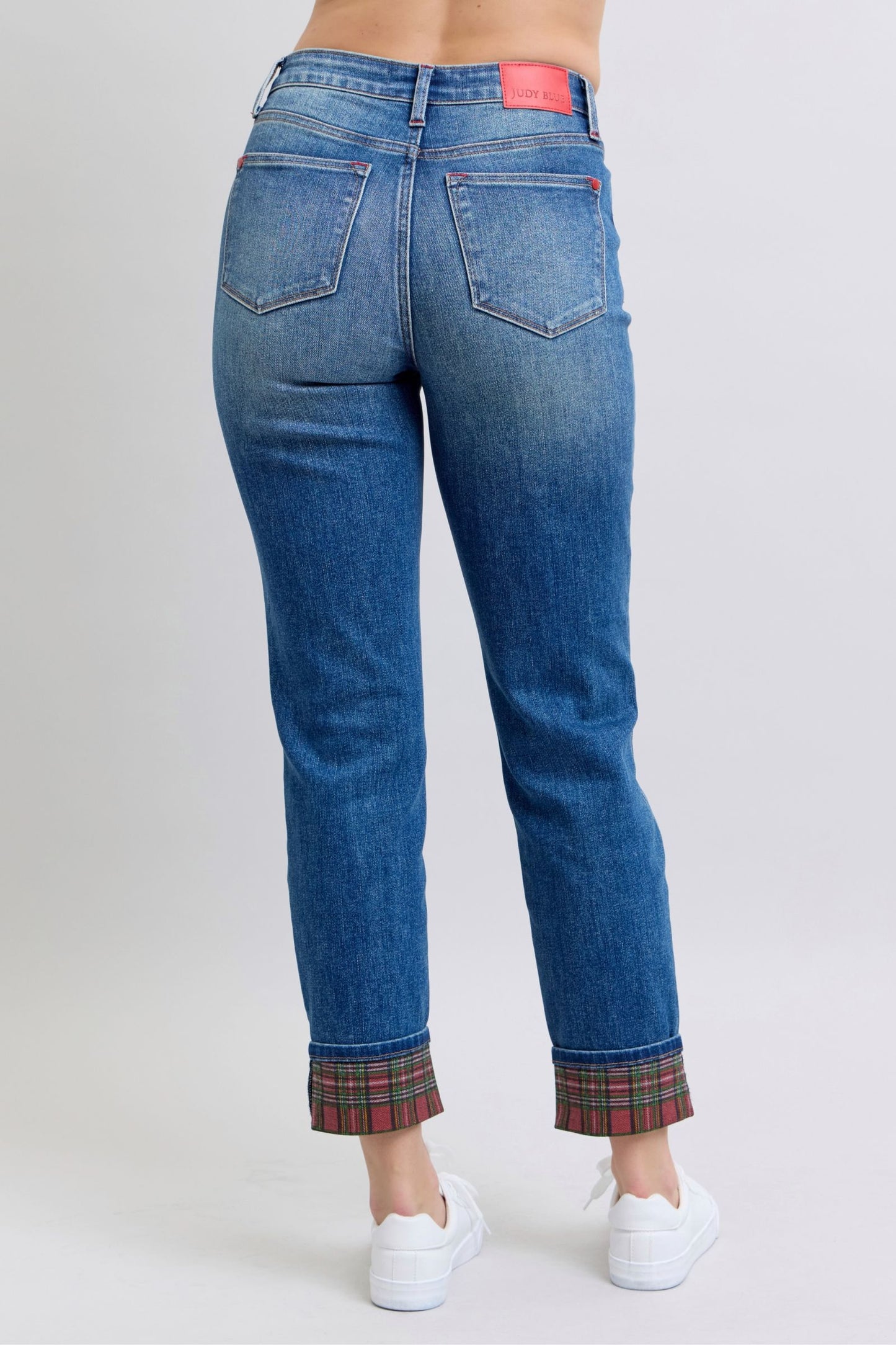 Judy Blue Plaid Print Cuff Straight Leg Jeans