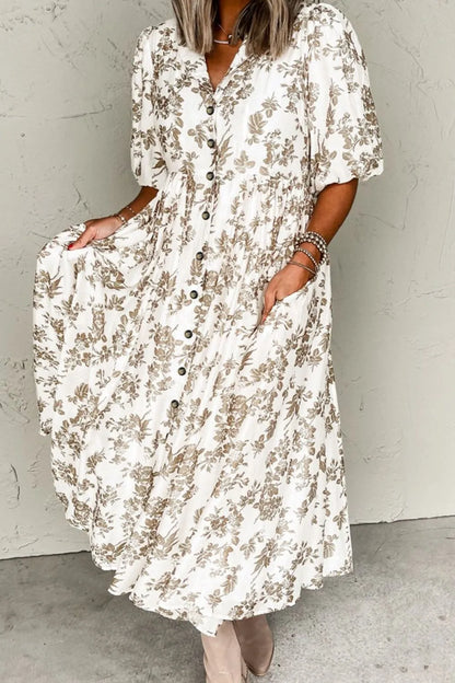 Printed Button Front Puff Sleeve Dress