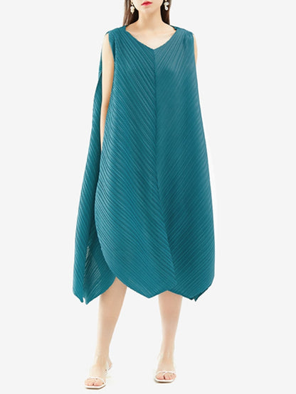 Miyake Pleated Irregular Hem Sleeveless Midi Dress
