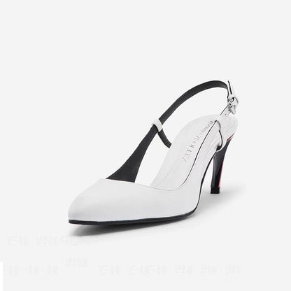 Round head, shallow mouth, slim heel, belt buckle, white sandals  style color blocking irregular high heels