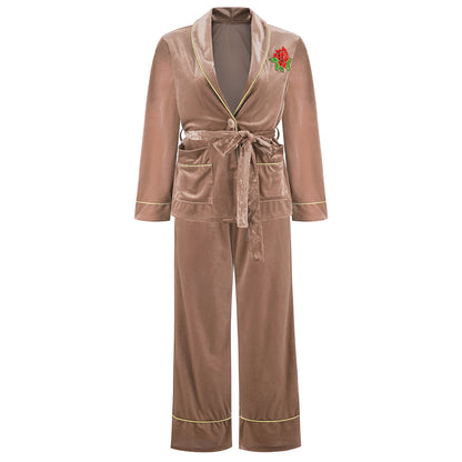 Rose Embroidered Gold Edge Pajama Set