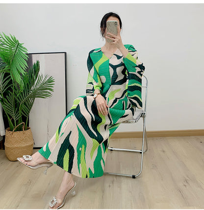 Miyake Pleated Printed Batwing Sleeve Midi Dress