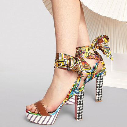 Graffiti Print High Heel Lace-Up Sandals