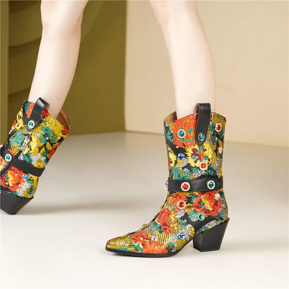 Brocade Pointed Toe Block Heel Boots