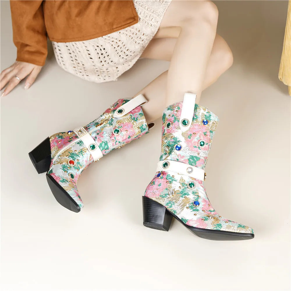 Brocade Pointed Toe Block Heel Boots