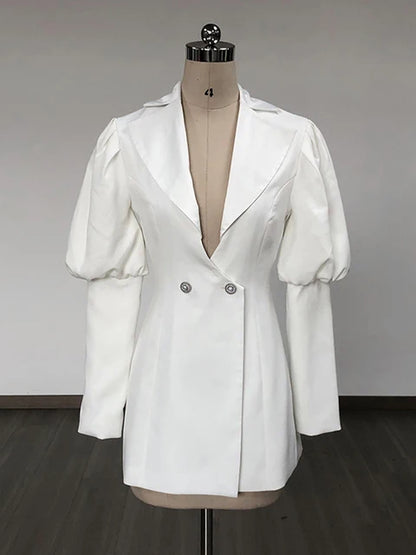 Spliced V-Neck Lantern Sleeve Blazer Dress