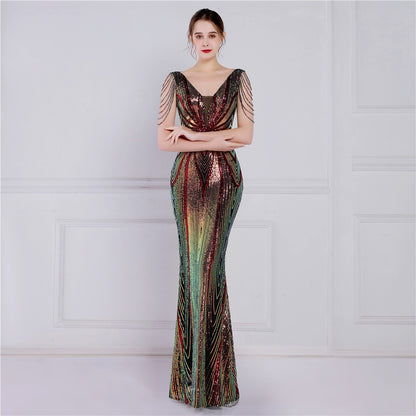 Sequin V-Neck Floor-Length Mermaid Dress