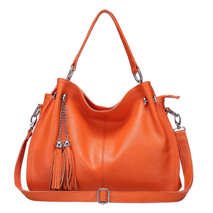 Tassel Detail Genuine Leather Shoulder Bag