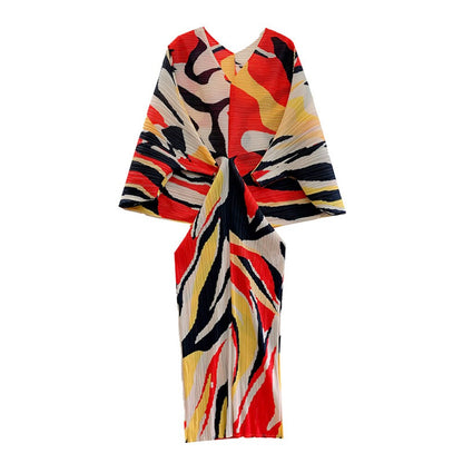 Miyake Pleated Printed Batwing Sleeve Midi Dress
