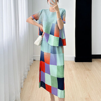 Miyake Pleated Color Block Printed Top and Skirt Set