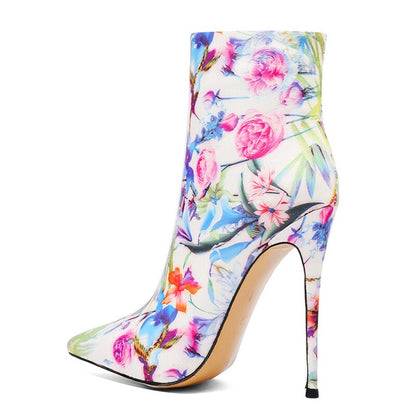 Floral Print Pointed Toe Ankle Boots