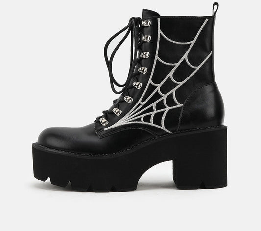 Spider Web Print Lace-Up Platform Ankle Boots