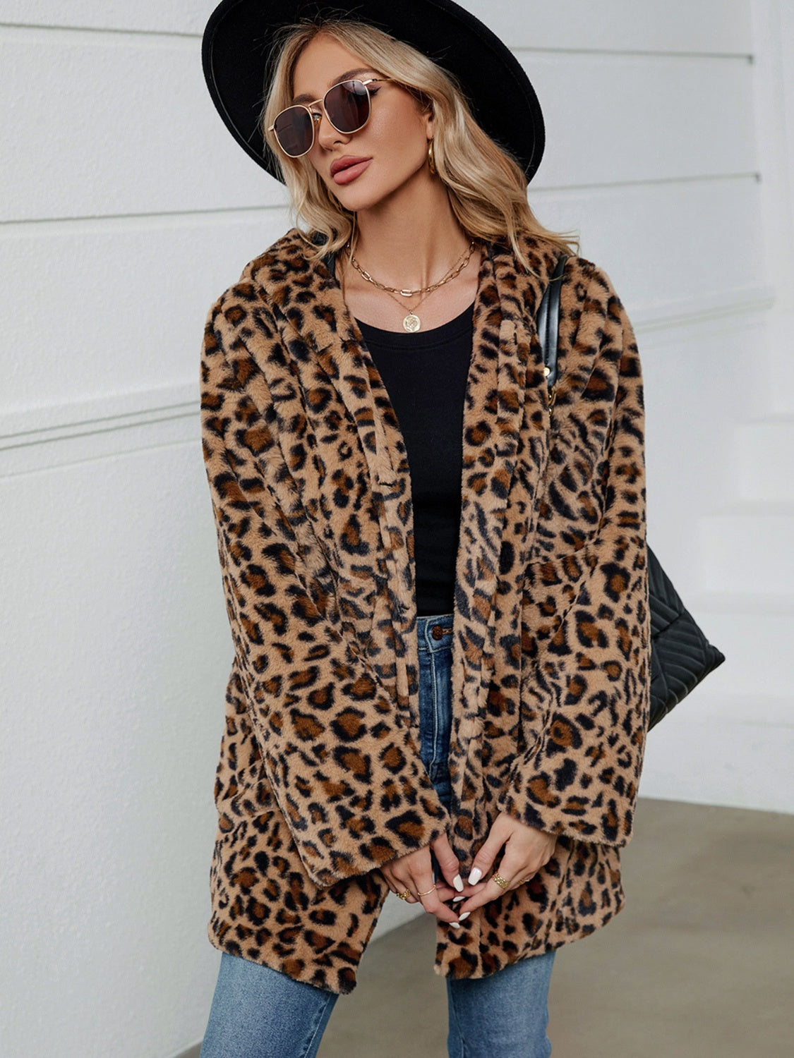 Fuzzy Leopard Hooded Long Sleeve Jacket