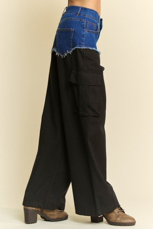 Denim Patchwork Wide Leg Pants with Cargo Pockets