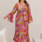 Plus Size Printed V-Neck Long Sleeve Maxi Dress