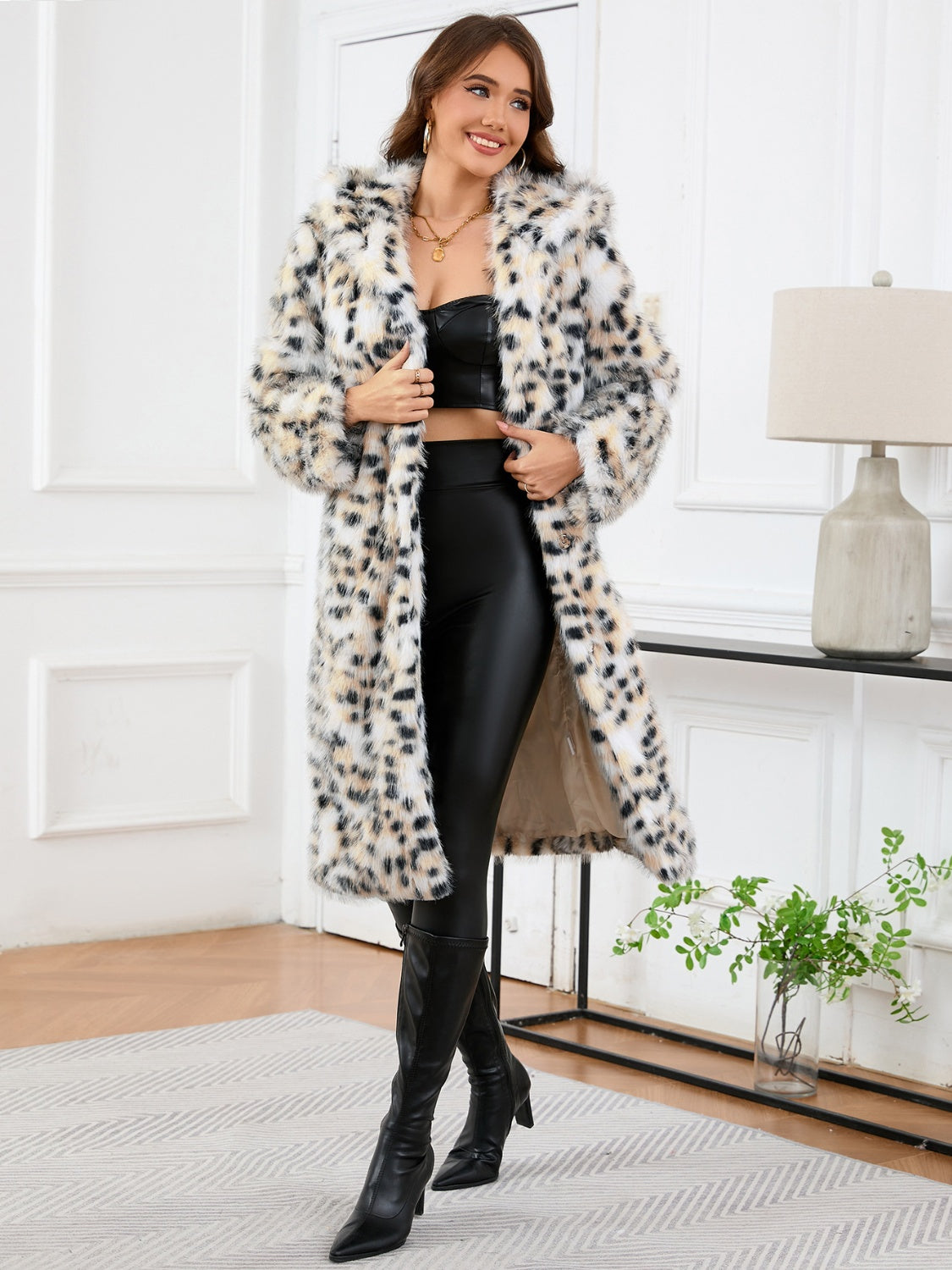 Thermal Leopard Faux Fur Hooded Outerwear