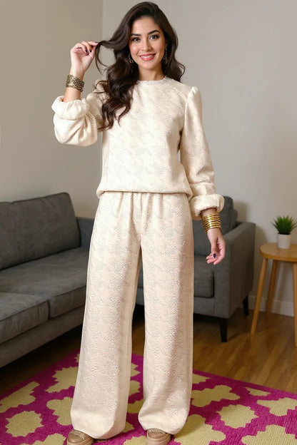 Texture Long Sleeve Top and Wide Leg Pants Set