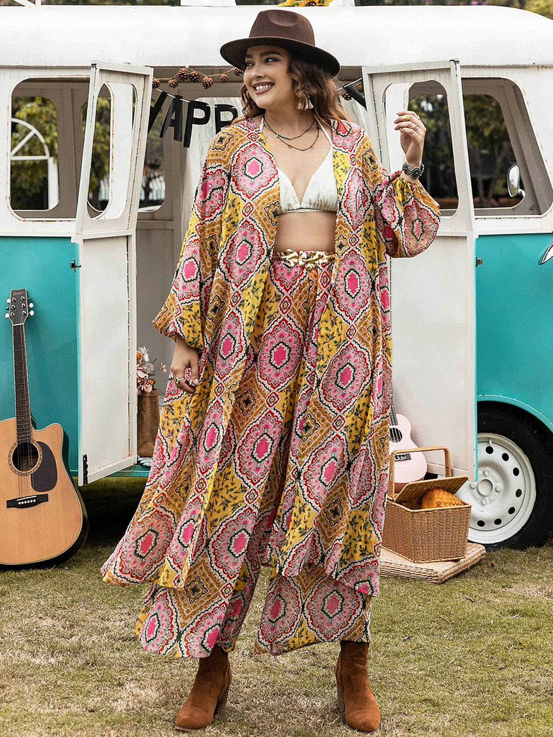 Plus Size Printed Open Front Cover Up and Pants Set