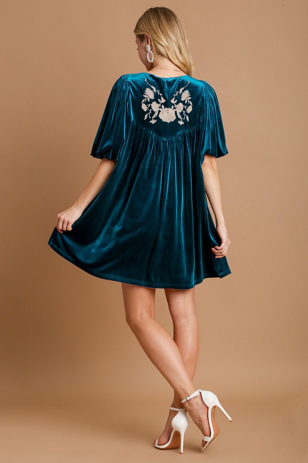 Embroidered Half Sleeve Velvet Mini Dress with Tassel