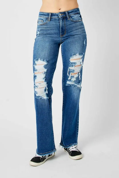 Judy Blue Mid Rise Distressed Raw Hem Jeans