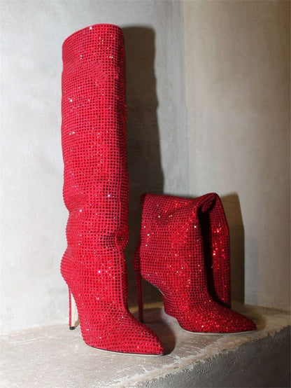 Rhinestone Pointed Toe Knee-High Boots