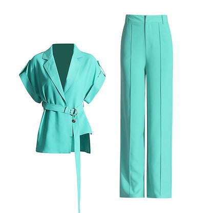 Notched Belted Short Sleeve Top and Wide Leg Pants Set