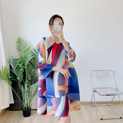 Miyake Pleated Printed Bell Sleeve Mini Dress