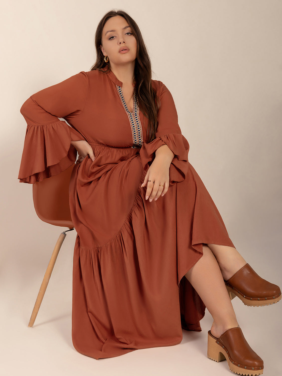 Plus Size Ruffled Notched Long Sleeve Dress