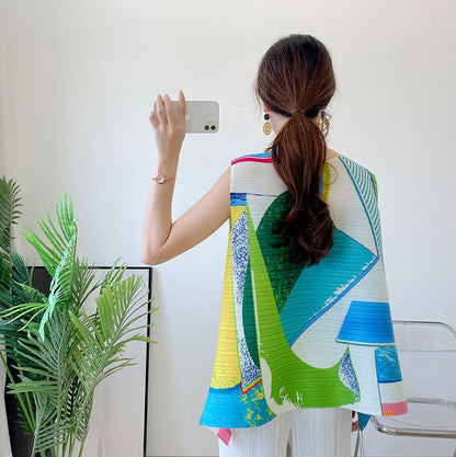 Miyake Pleated Sleeveless Round Neck Top